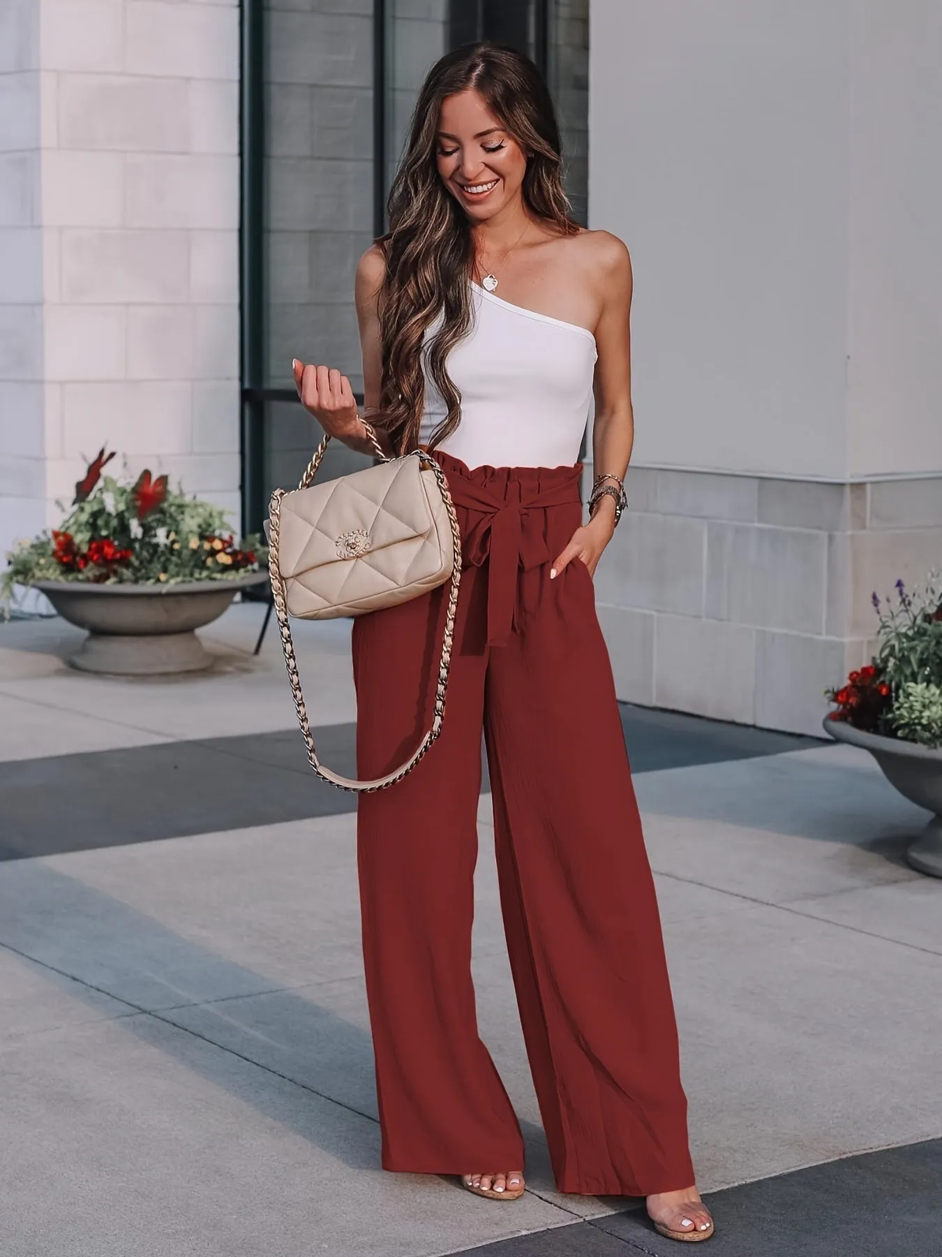 Casual Loose Lace Up Solid High Waist Fashion Wide Leg Pants