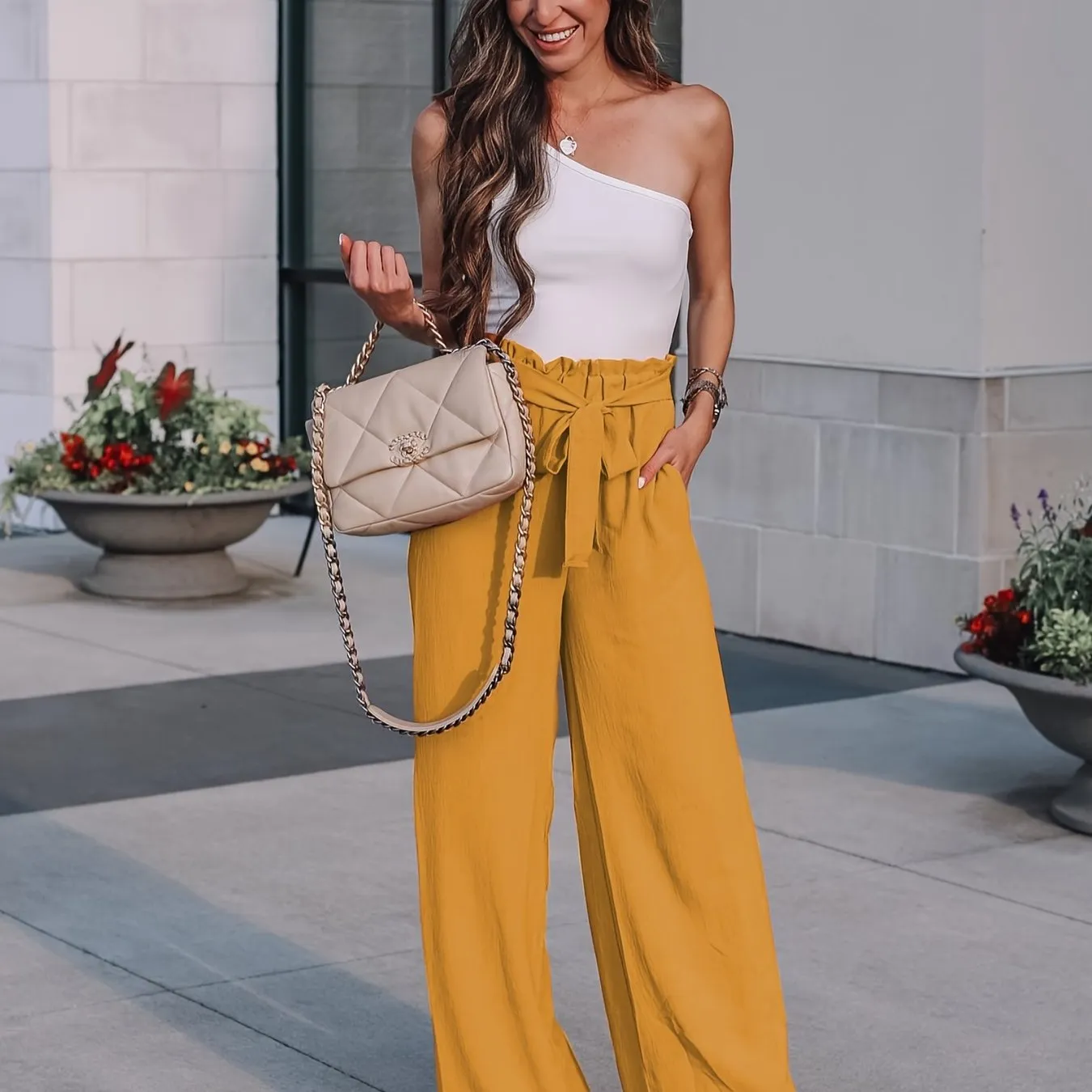 Casual Loose Lace Up Solid High Waist Fashion Wide Leg Pants