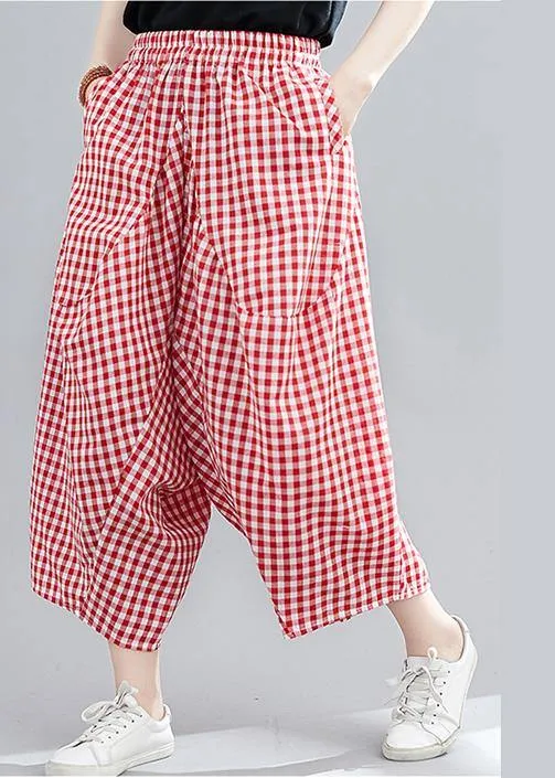 Casual Red Plaid Large Women's Elastic Waist Pants