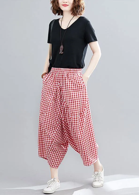 Casual Red Plaid Large Women's Elastic Waist Pants