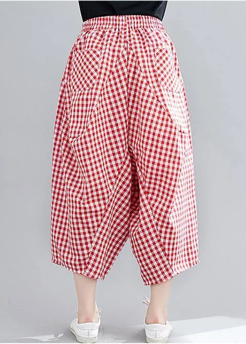 Casual Red Plaid Large Women's Elastic Waist Pants