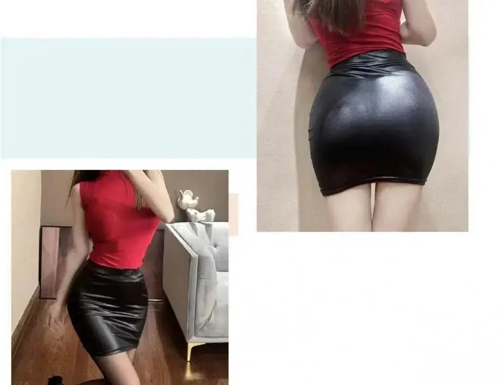 Chic High-Waist Black Imitation Leather Pencil Mini Skirt