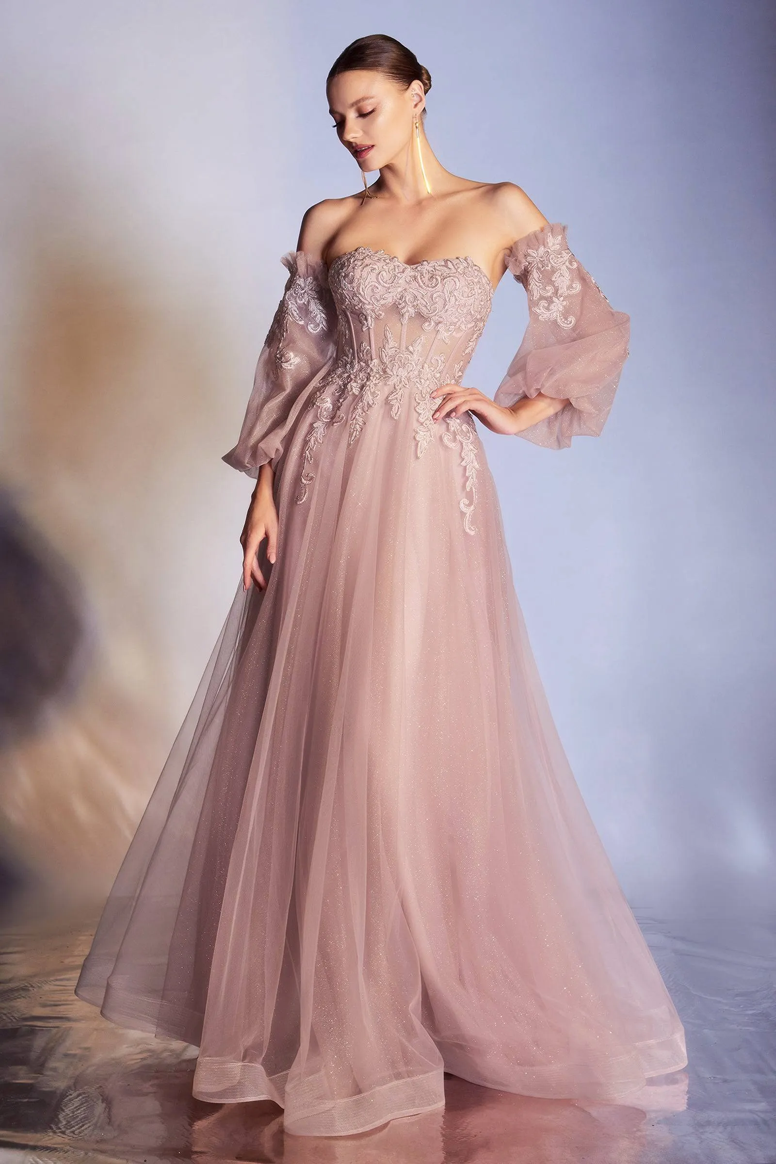 Cinderella Divine CD948 Opulent Off Shoulder Embroidered Gown with Puffy Sleeves