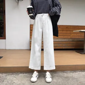 Creamy White High Waist Straight Casual Loose Pants