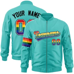 Custom Aqua LGBT Rainbow For Pride Month Classic Style Letterman Bomber Jacket