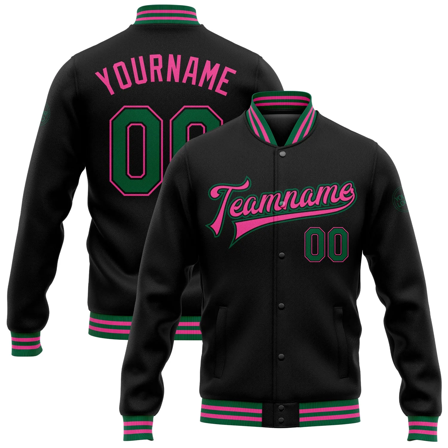 Custom Black Kelly Green-Pink Bomber Full-Snap Varsity Letterman Jacket