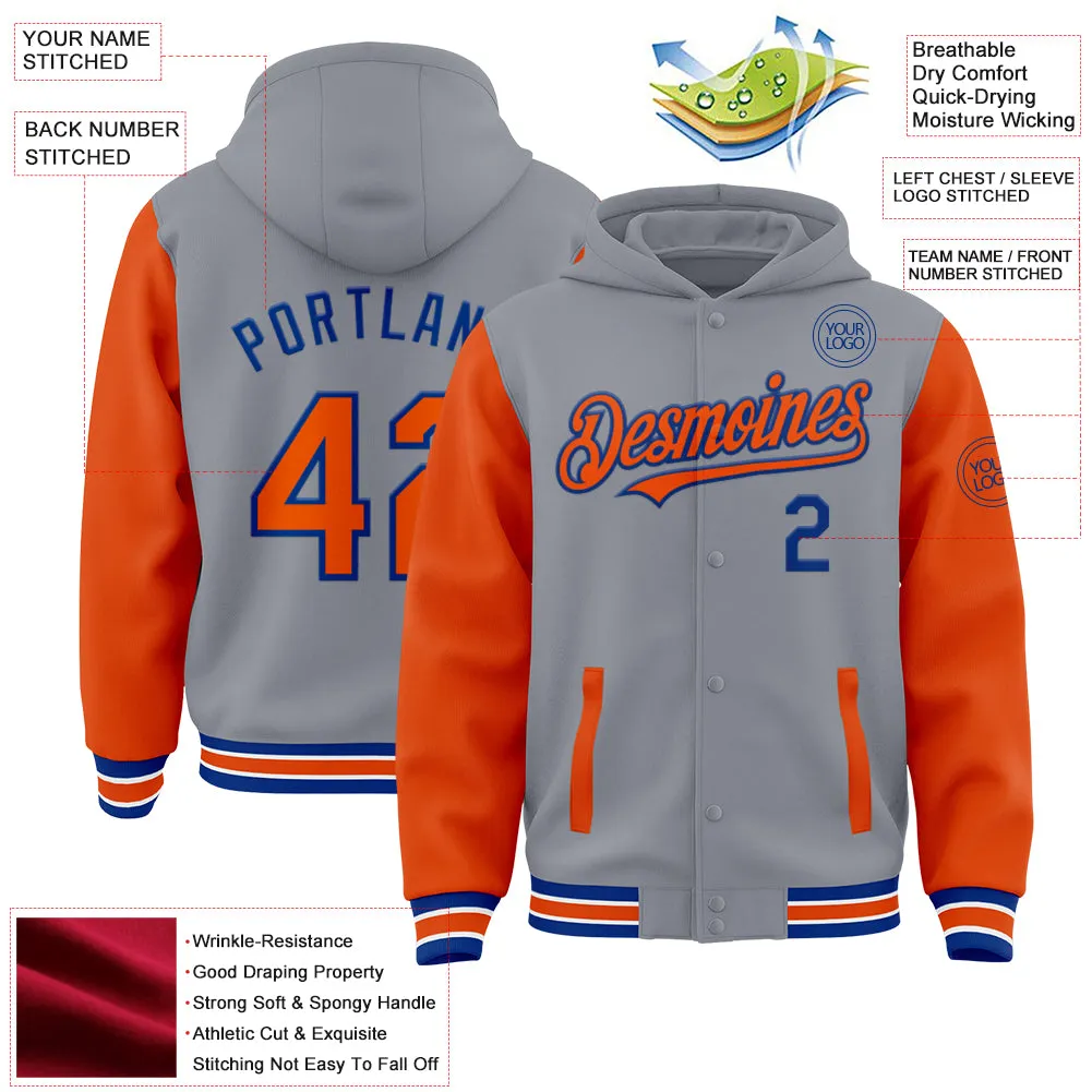 Custom Gray Orange-Royal Bomber Full-Snap Varsity Letterman Two Tone Hoodie Jacket