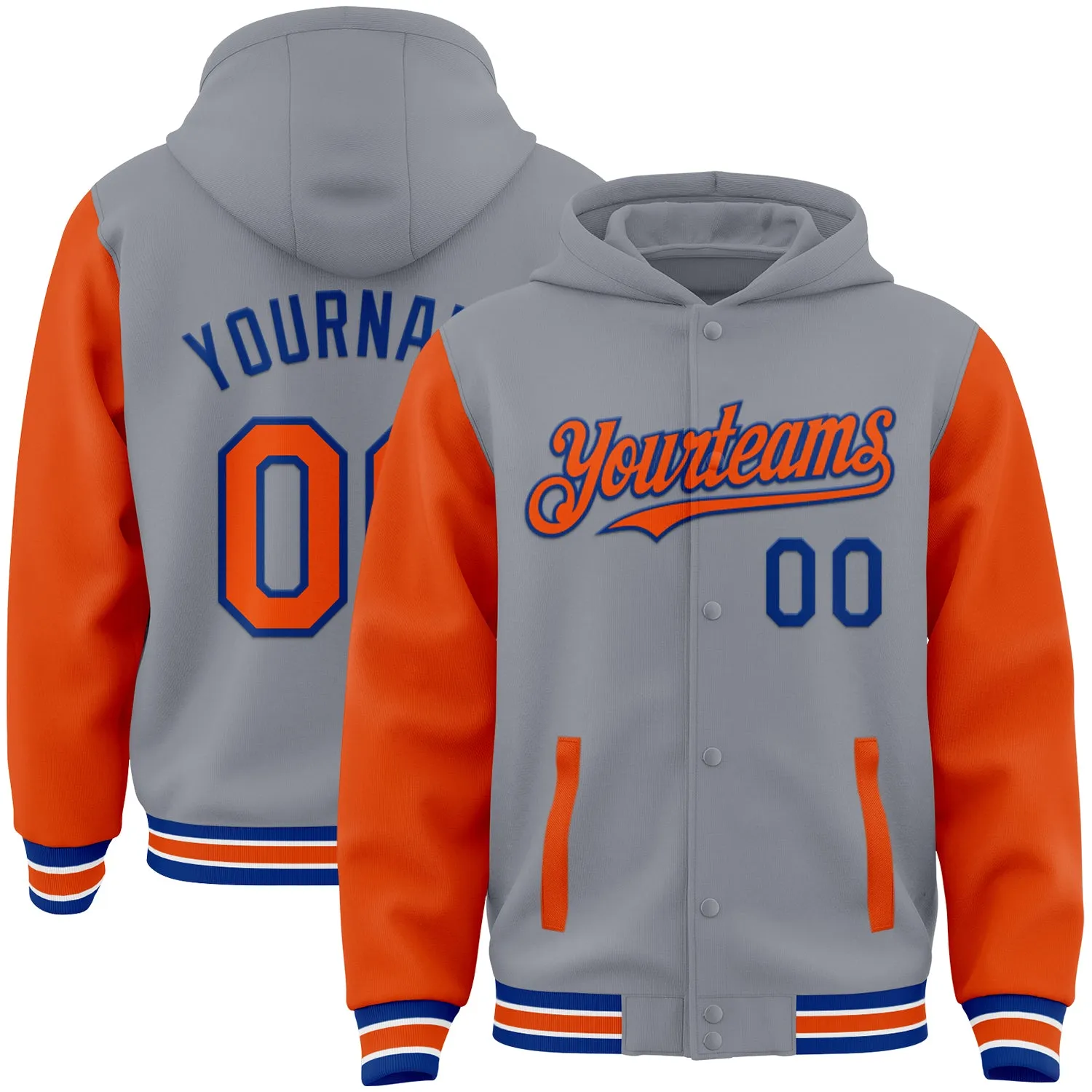 Custom Gray Orange-Royal Bomber Full-Snap Varsity Letterman Two Tone Hoodie Jacket