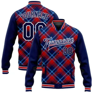 Custom Navy Red-Light Blue Check Board 3D Pattern Design Bomber Full-Snap Varsity Letterman Jacket