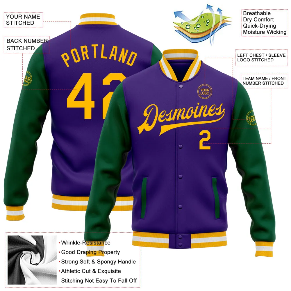 Custom Purple Gold-Kelly Green Bomber Full-Snap Varsity Letterman Two Tone Jacket