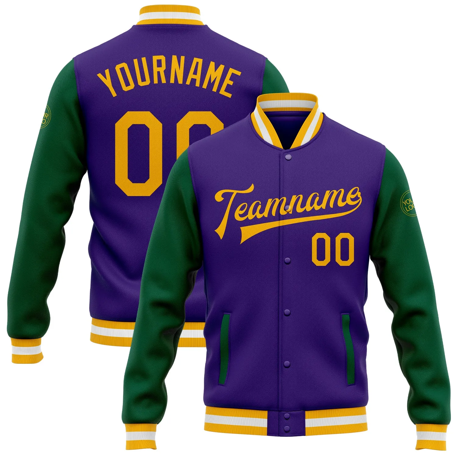 Custom Purple Gold-Kelly Green Bomber Full-Snap Varsity Letterman Two Tone Jacket