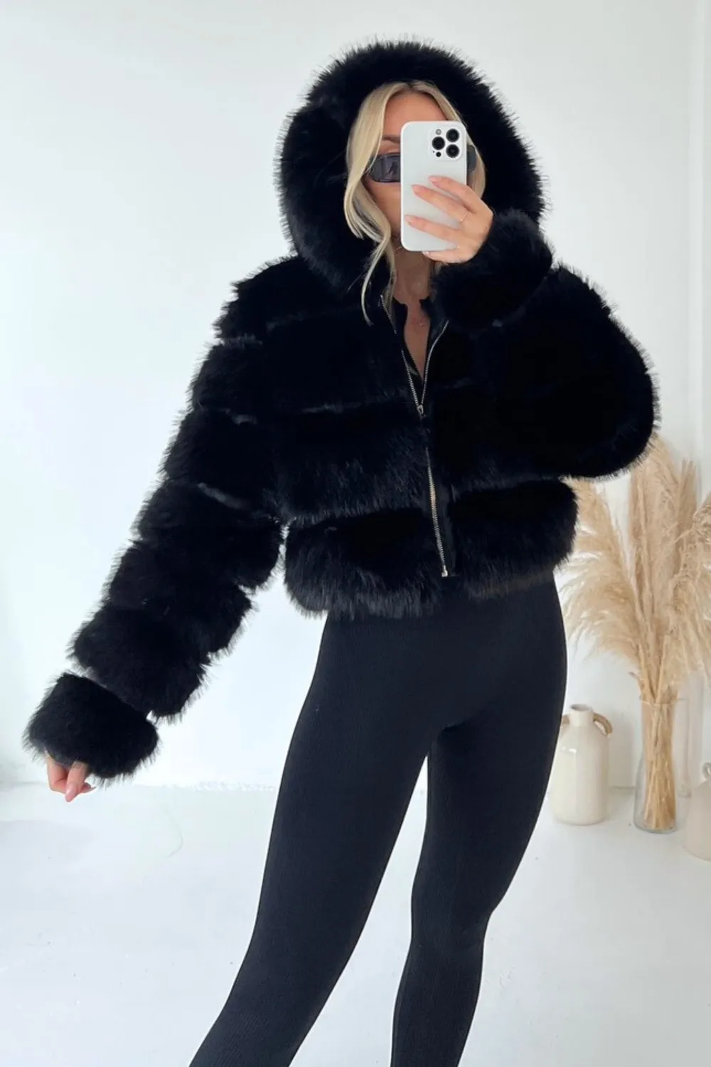 Danni black hooded faux fur coat