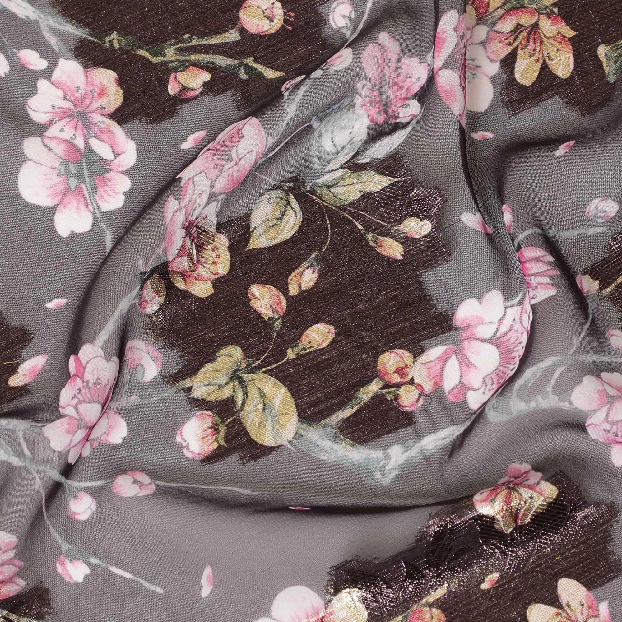 Dark brown synthetic chiffon fabric with same tone metallic luyrex having multicolor print in floral design-D8309