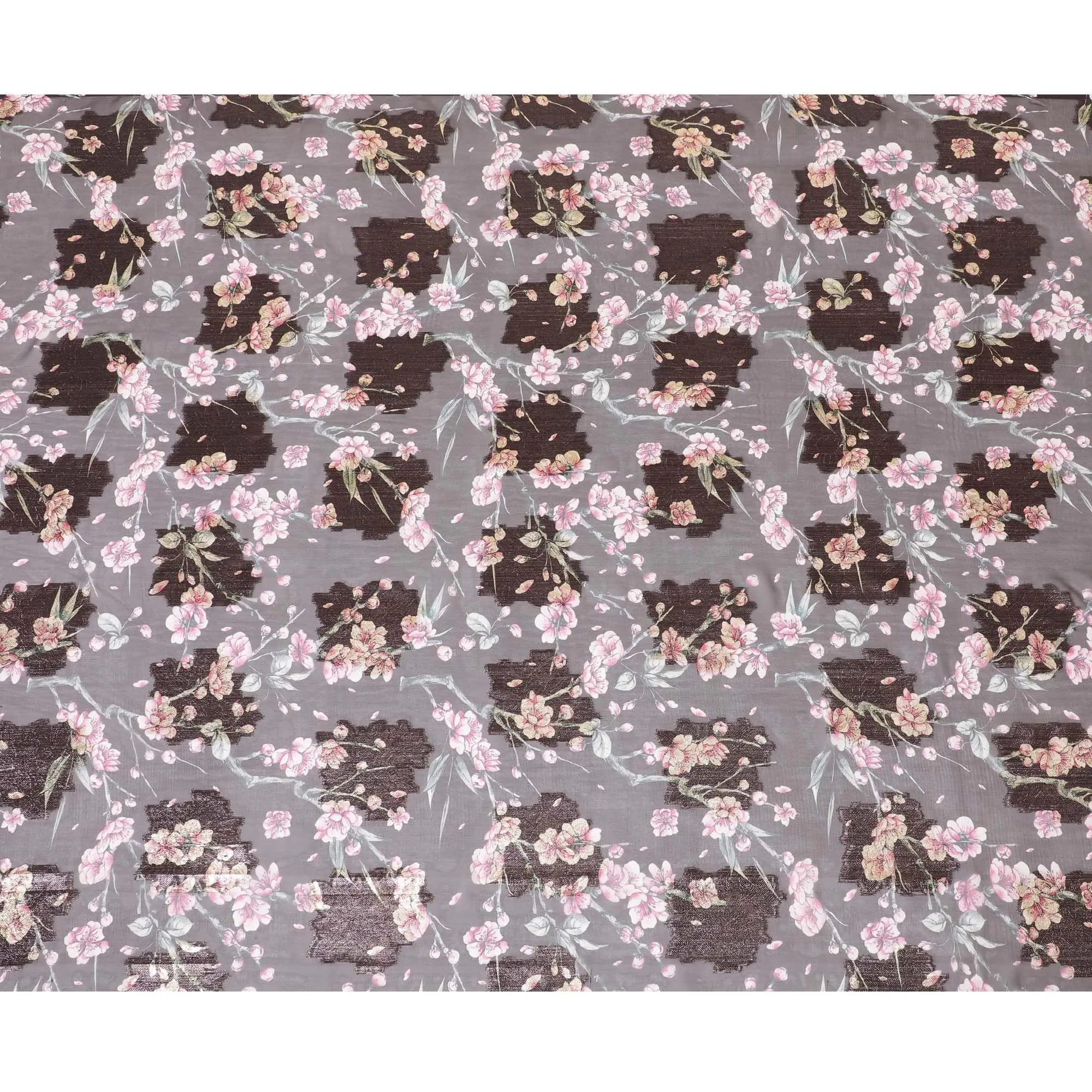 Dark brown synthetic chiffon fabric with same tone metallic luyrex having multicolor print in floral design-D8309