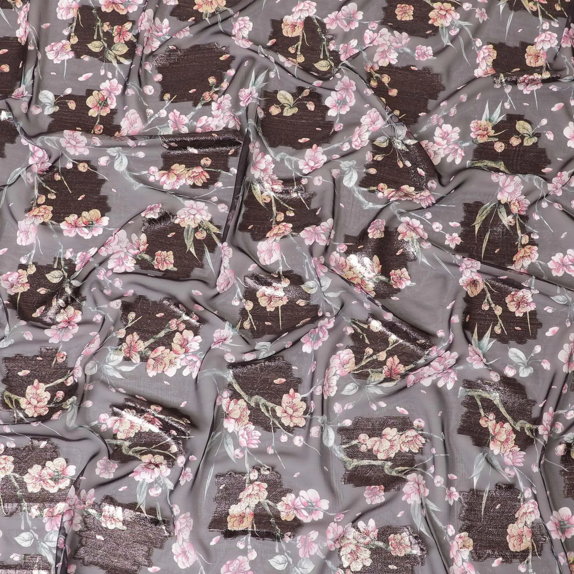 Dark brown synthetic chiffon fabric with same tone metallic luyrex having multicolor print in floral design-D8309