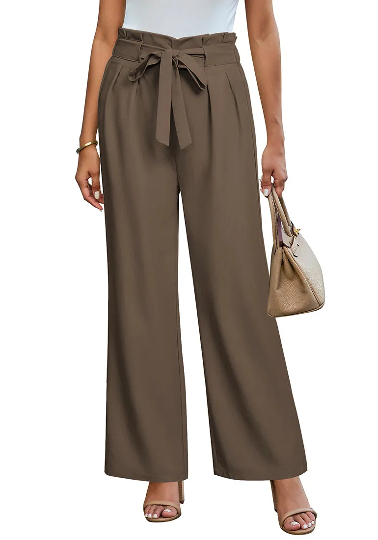 Deep Taupe Women's Brief Elastic Waist High Waisted Wide Leg Pant with Belt