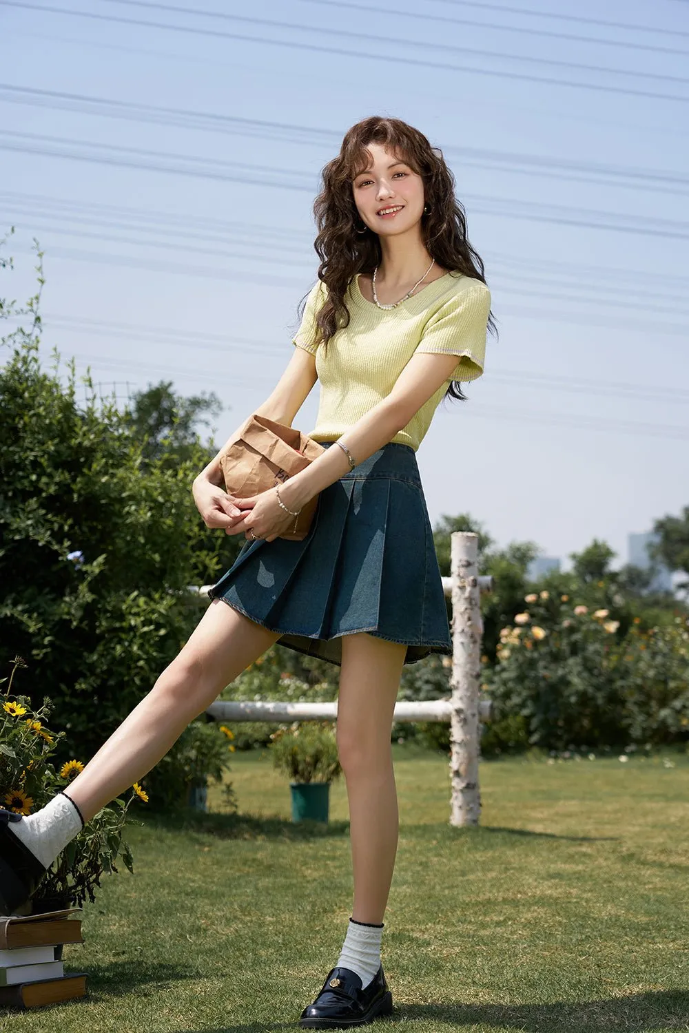 Denim Mini Pleated Skirt for Women