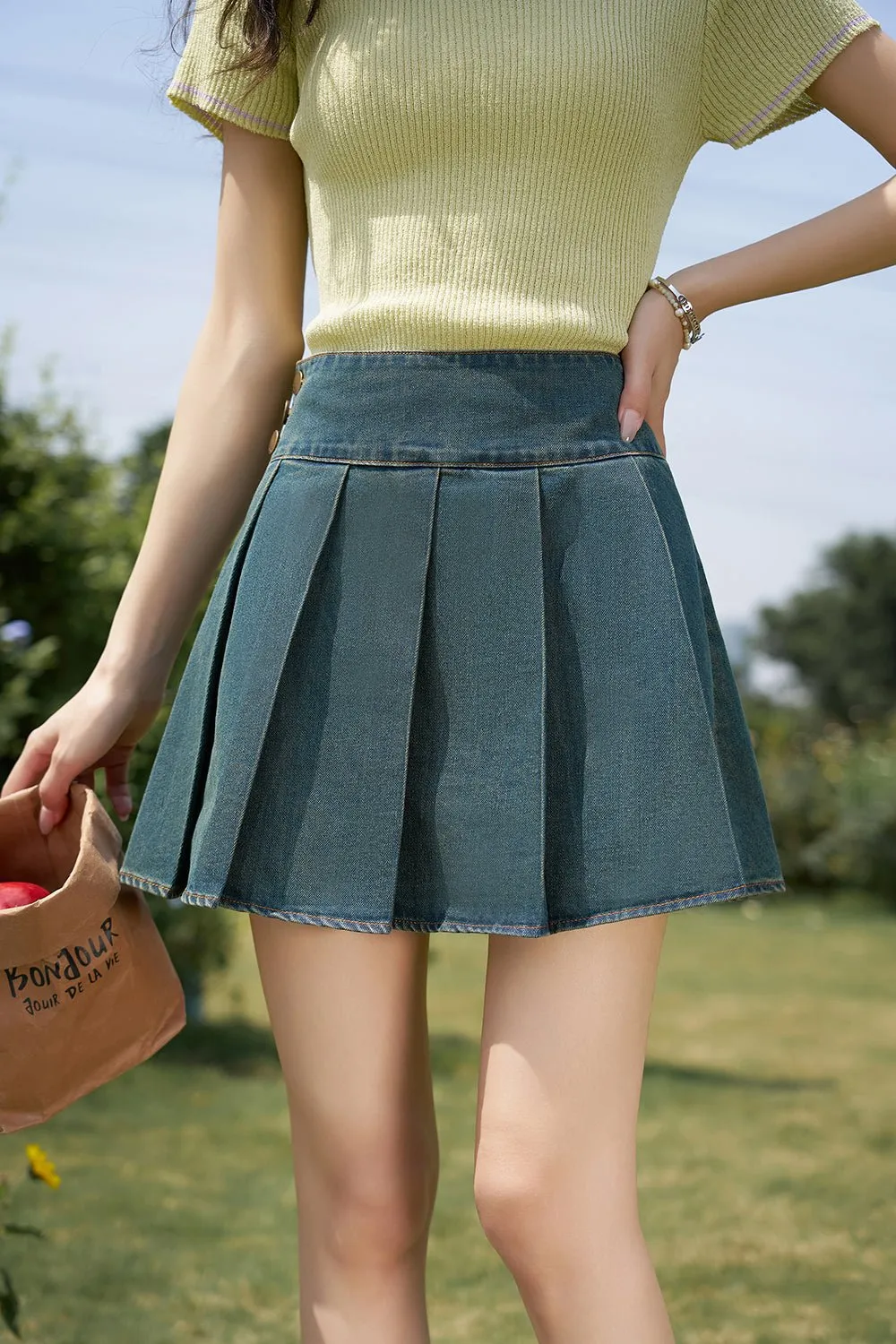 Denim Mini Pleated Skirt for Women