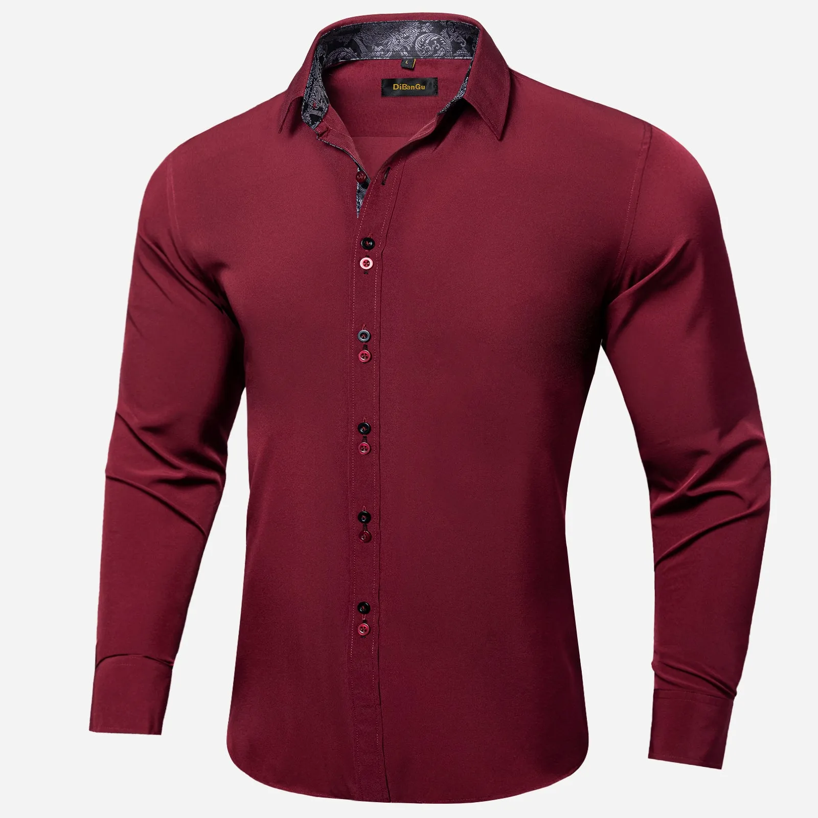 DiBanGu Dress Shirt Red Wine Solid Long Sleeve Splicing Casual Mens Silk Shirt