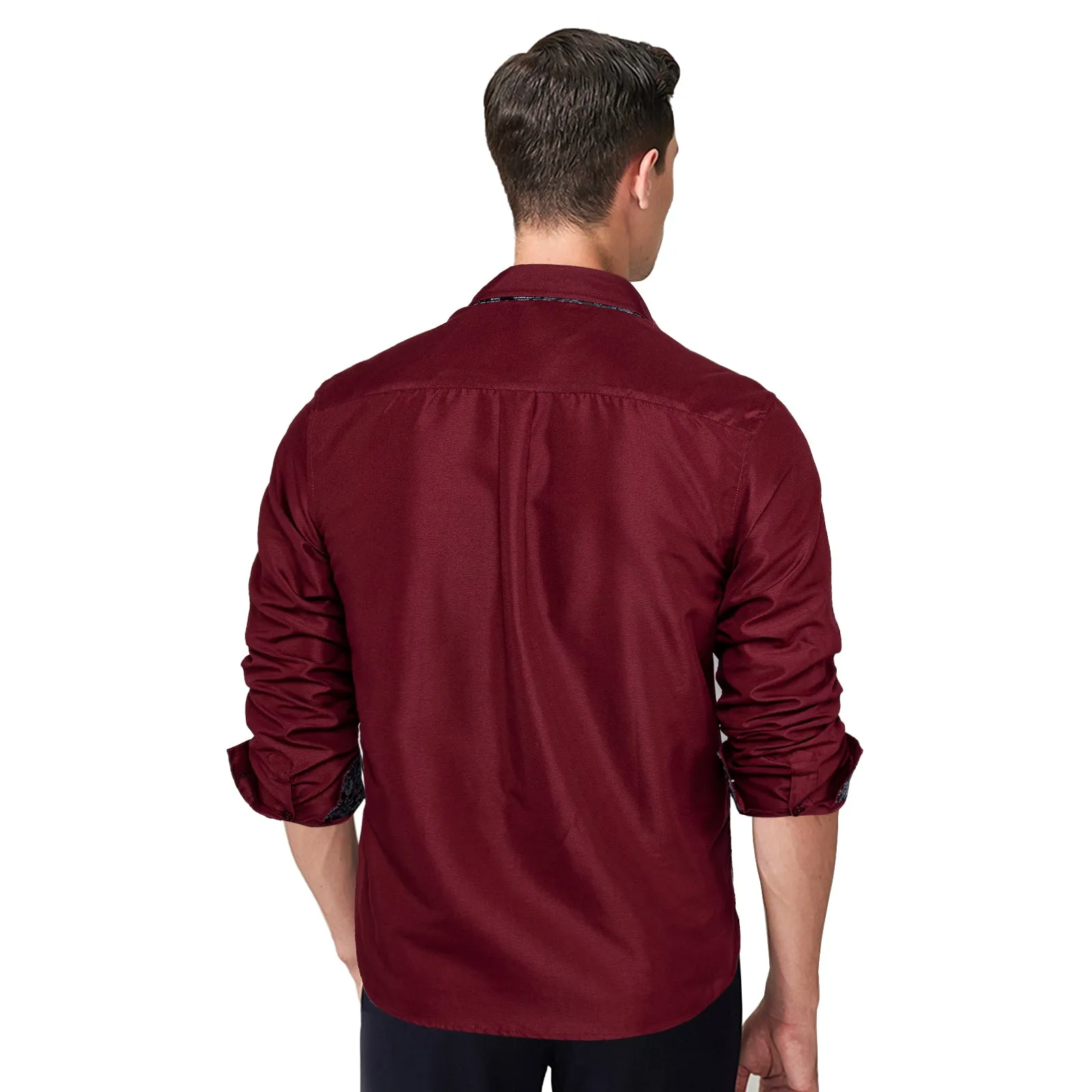 DiBanGu Dress Shirt Red Wine Solid Long Sleeve Splicing Casual Mens Silk Shirt