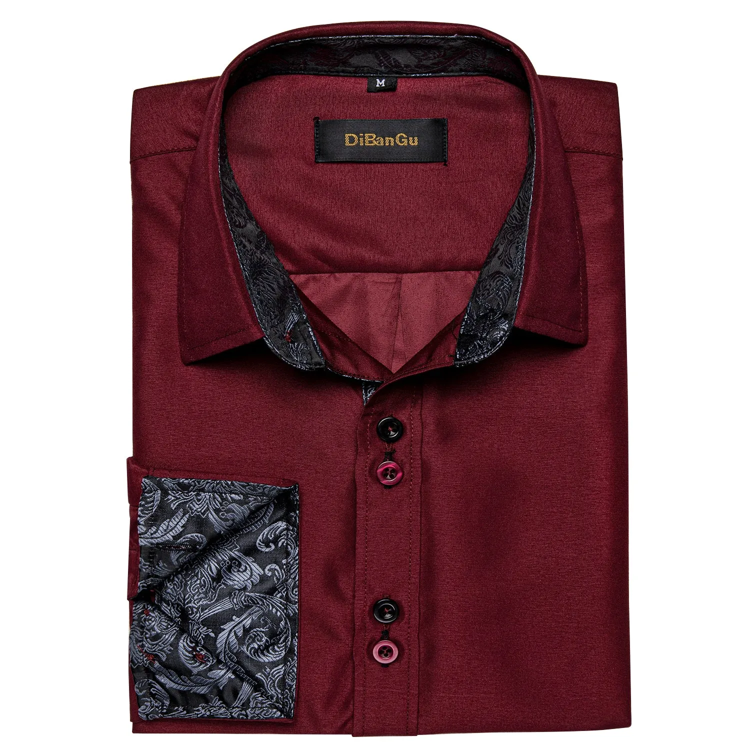 DiBanGu Dress Shirt Red Wine Solid Long Sleeve Splicing Casual Mens Silk Shirt