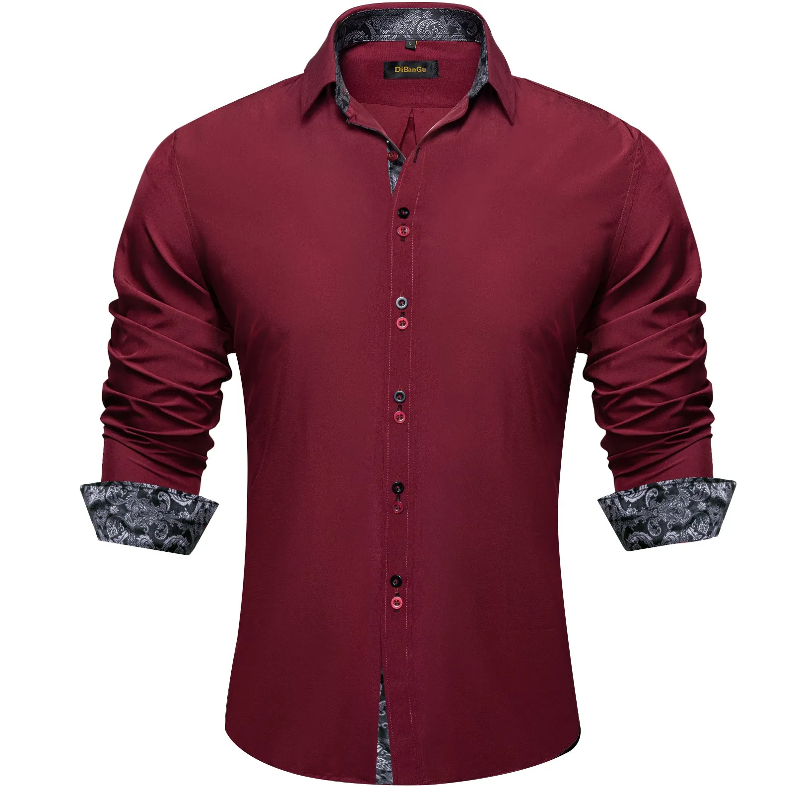 DiBanGu Dress Shirt Red Wine Solid Long Sleeve Splicing Casual Mens Silk Shirt