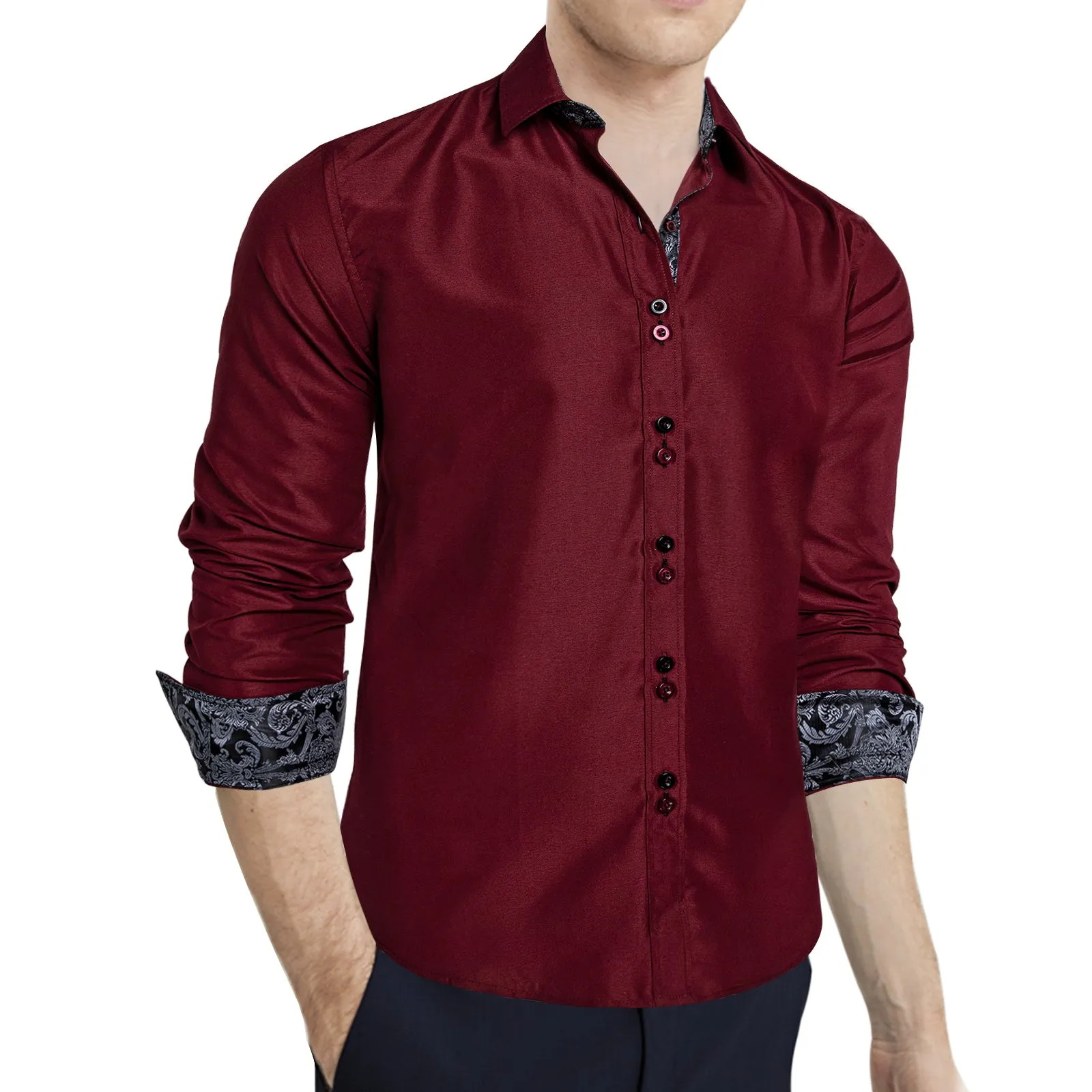 DiBanGu Dress Shirt Red Wine Solid Long Sleeve Splicing Casual Mens Silk Shirt