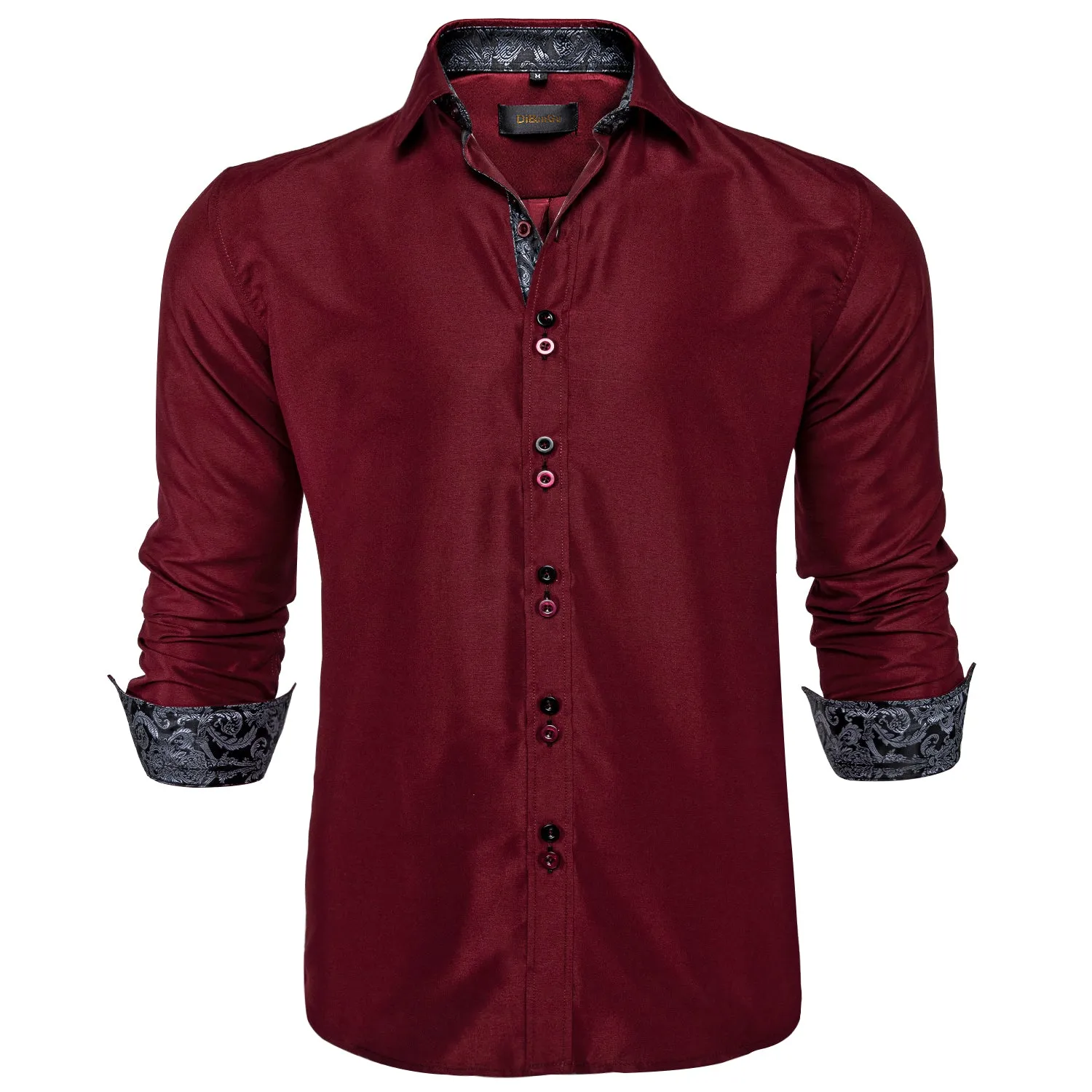 DiBanGu Dress Shirt Red Wine Solid Long Sleeve Splicing Casual Mens Silk Shirt