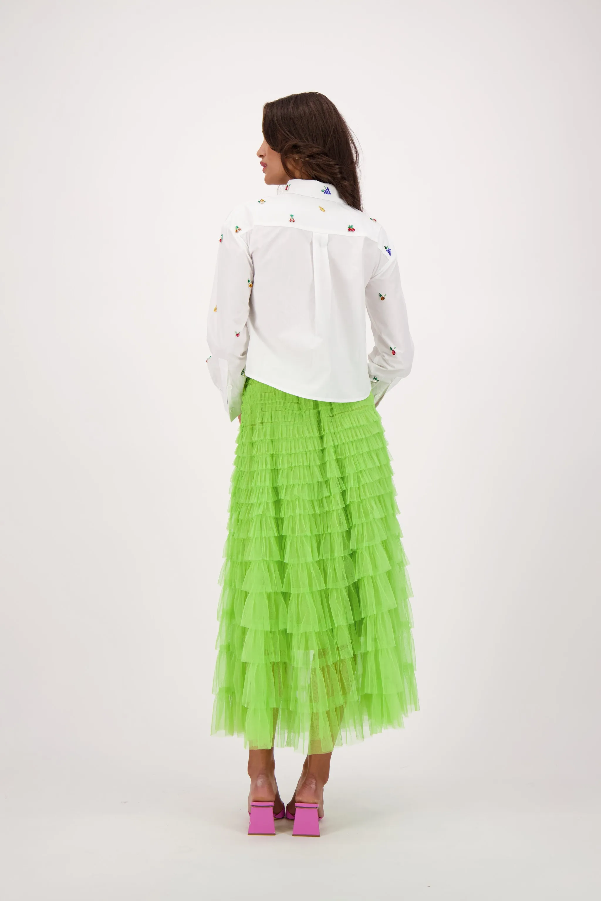 Elastic Waist Tulle Layered Ruffles Mesh Long Tiered Skirt