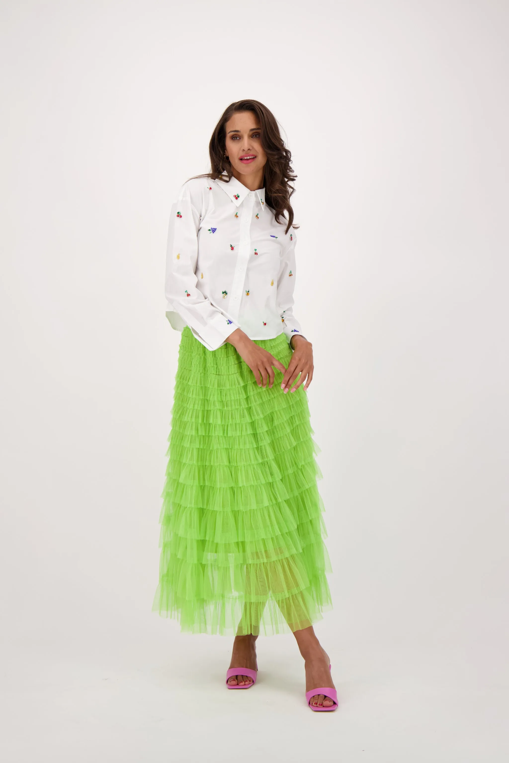 Elastic Waist Tulle Layered Ruffles Mesh Long Tiered Skirt