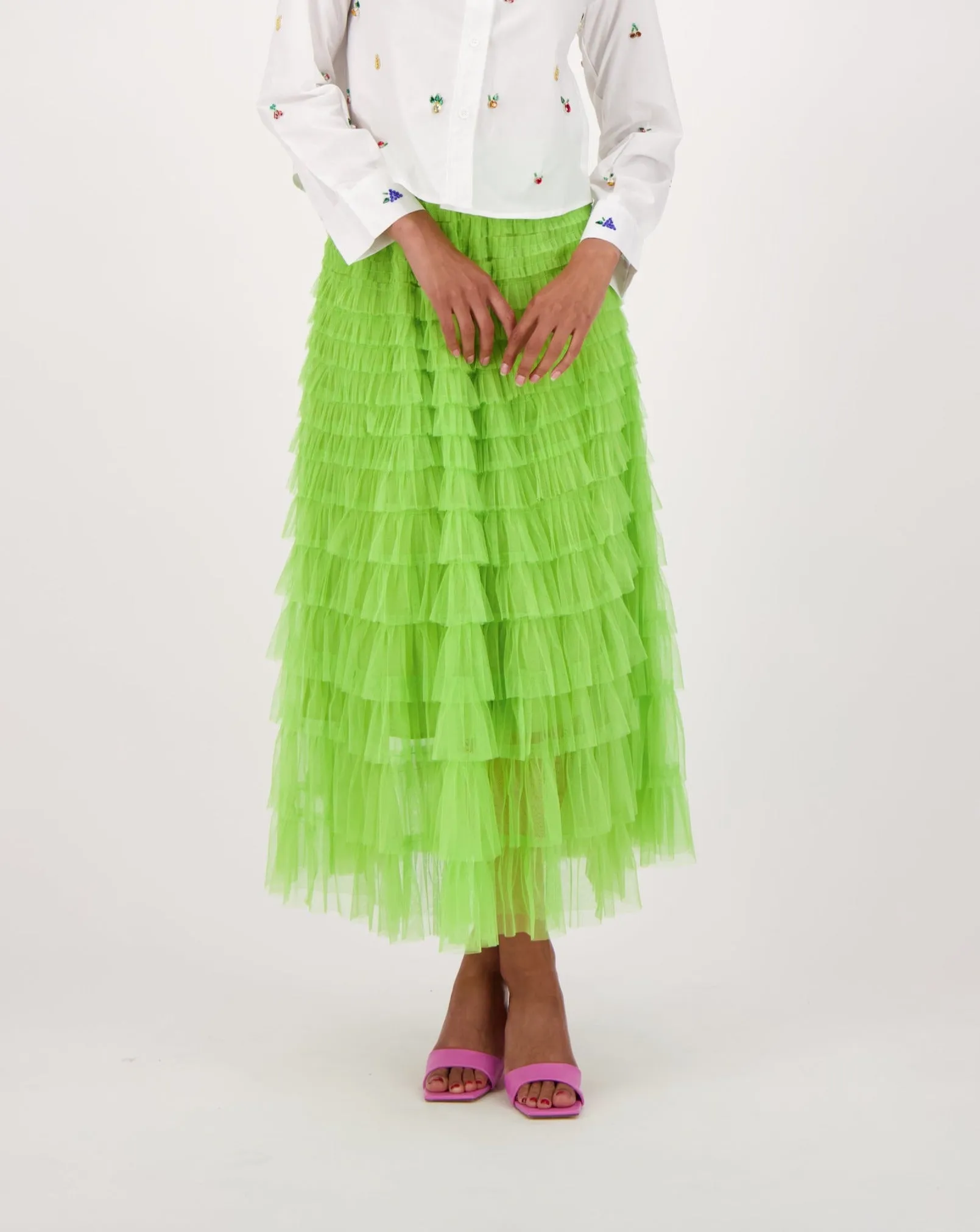 Elastic Waist Tulle Layered Ruffles Mesh Long Tiered Skirt