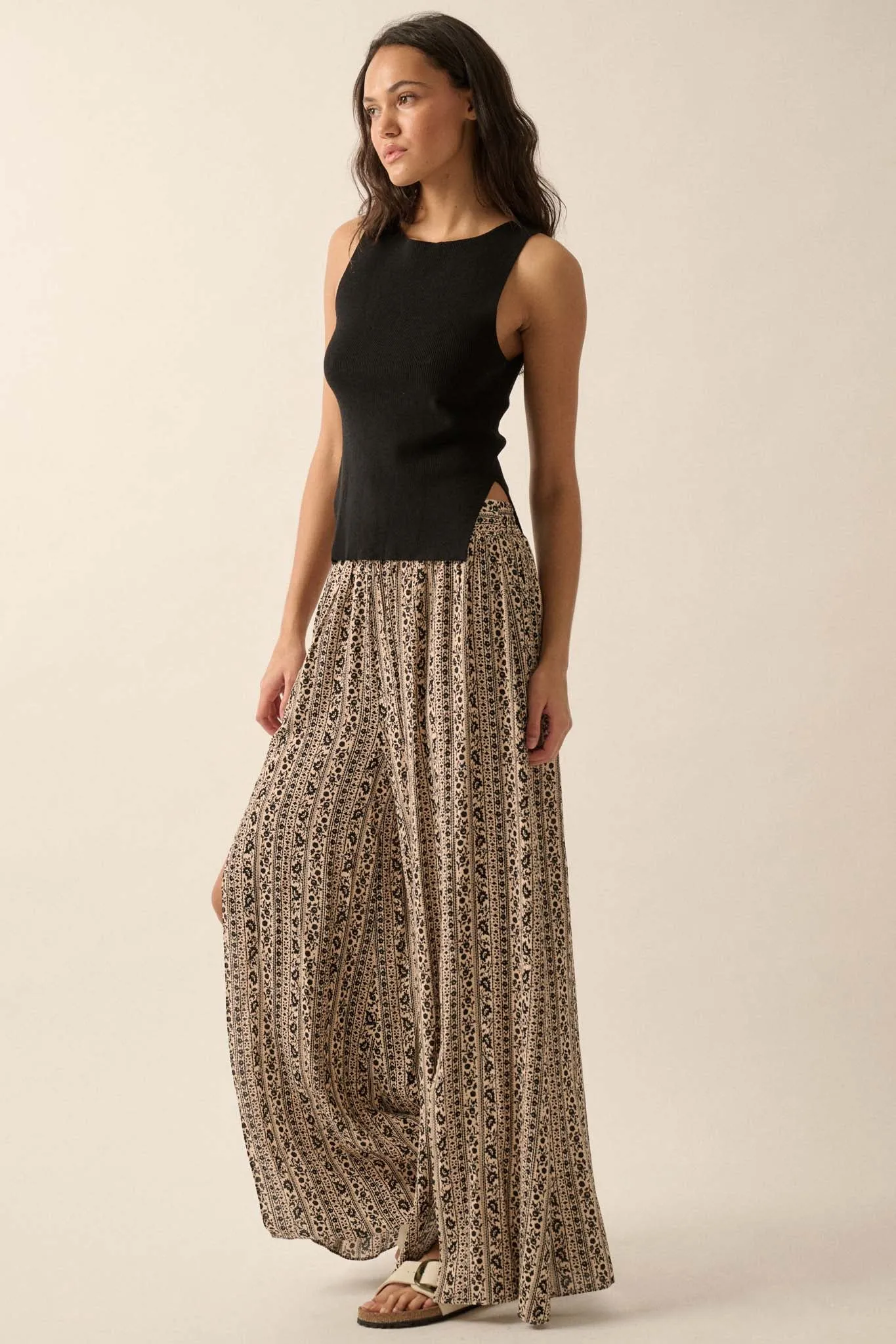 Far Beyond Floral-Stripe Split Wide-Leg Pants