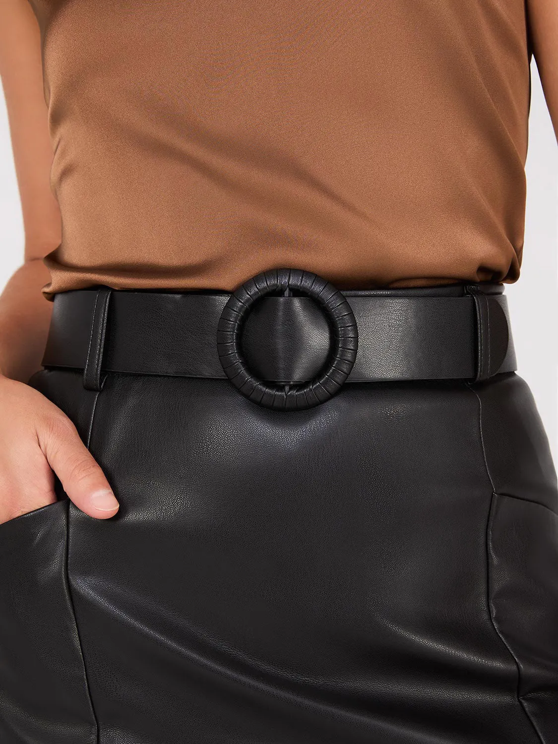 Faux Leather Belted Pencil Skirt