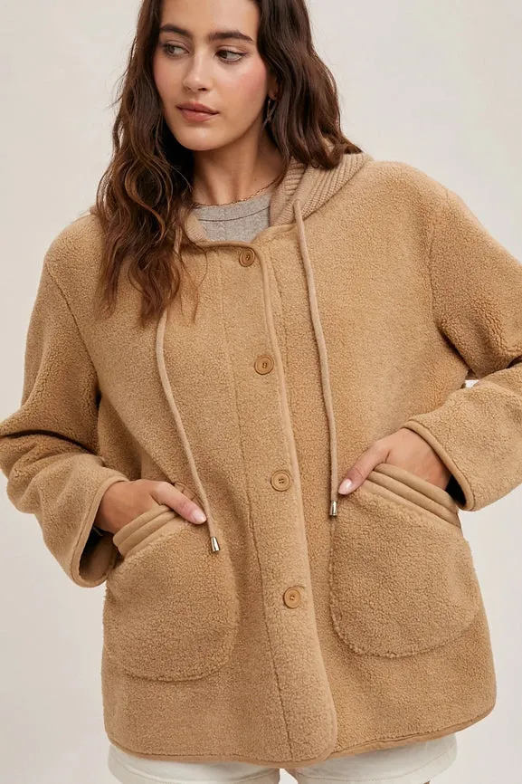 Fleece Hooded Button Down Jacket Inner Faux Suede LATTE