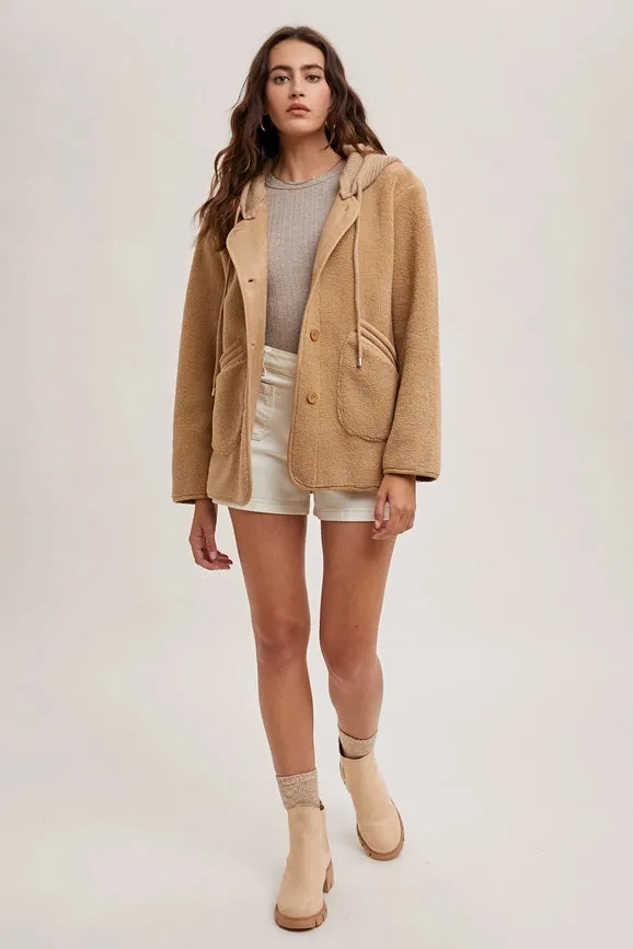 Fleece Hooded Button Down Jacket Inner Faux Suede LATTE