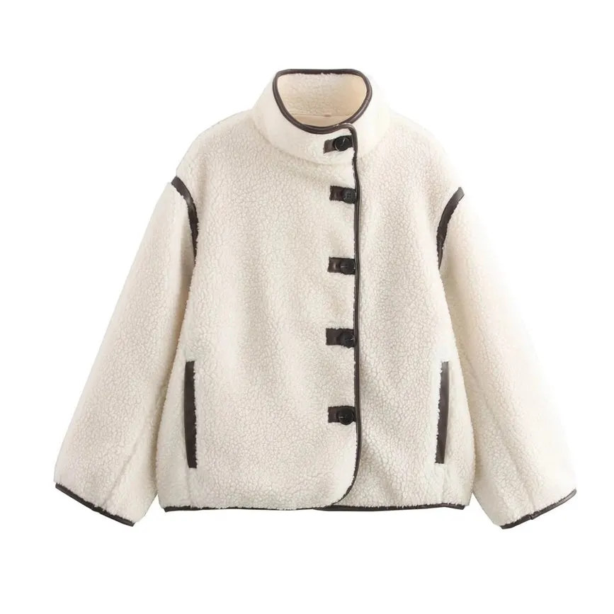 Fleece Stand Collar Stylish Patchwork Jacket