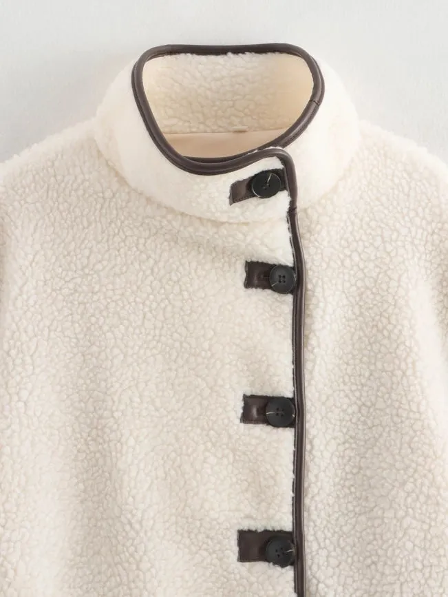 Fleece Stand Collar Stylish Patchwork Jacket