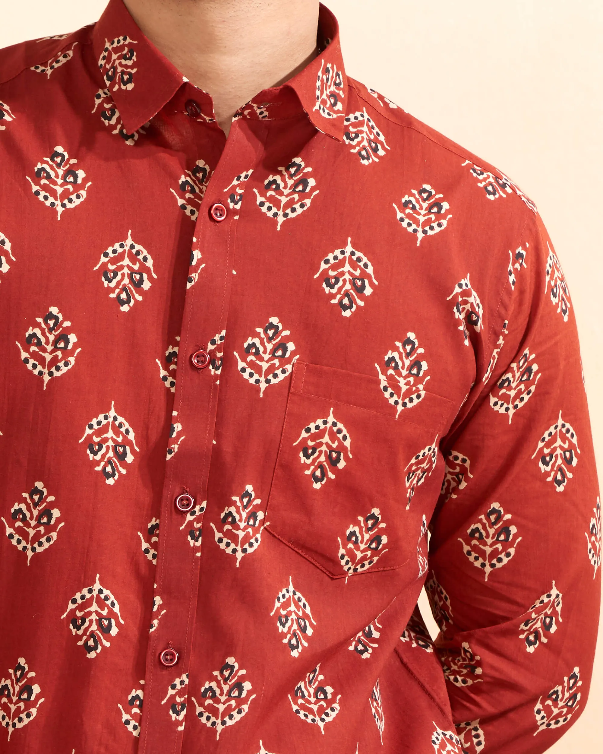 Full Sleeves Red Crepe Cotton Hand Block Printed Casual Men's Shirt