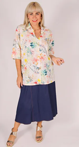 Georgia Stretch Linen Six Gore Skirt Navy