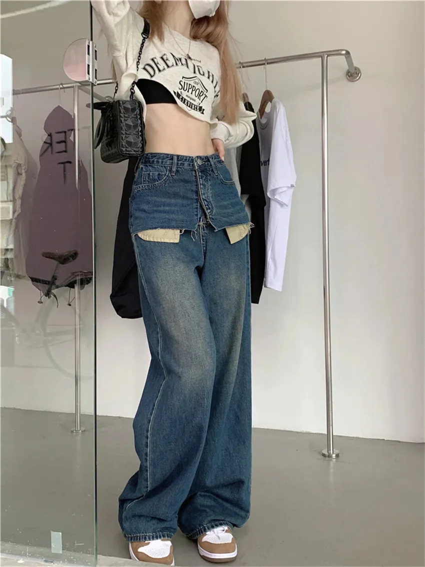 Girlary Stylish Chic High Waist Denim Pants Women High Waist Slim Wide Leg Autumn Mopping Streetwear Office Lady Jeans