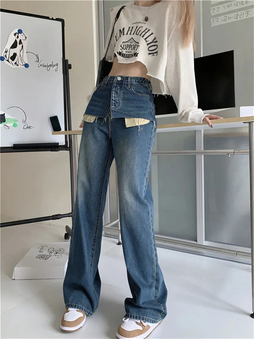 Girlary Stylish Chic High Waist Denim Pants Women High Waist Slim Wide Leg Autumn Mopping Streetwear Office Lady Jeans