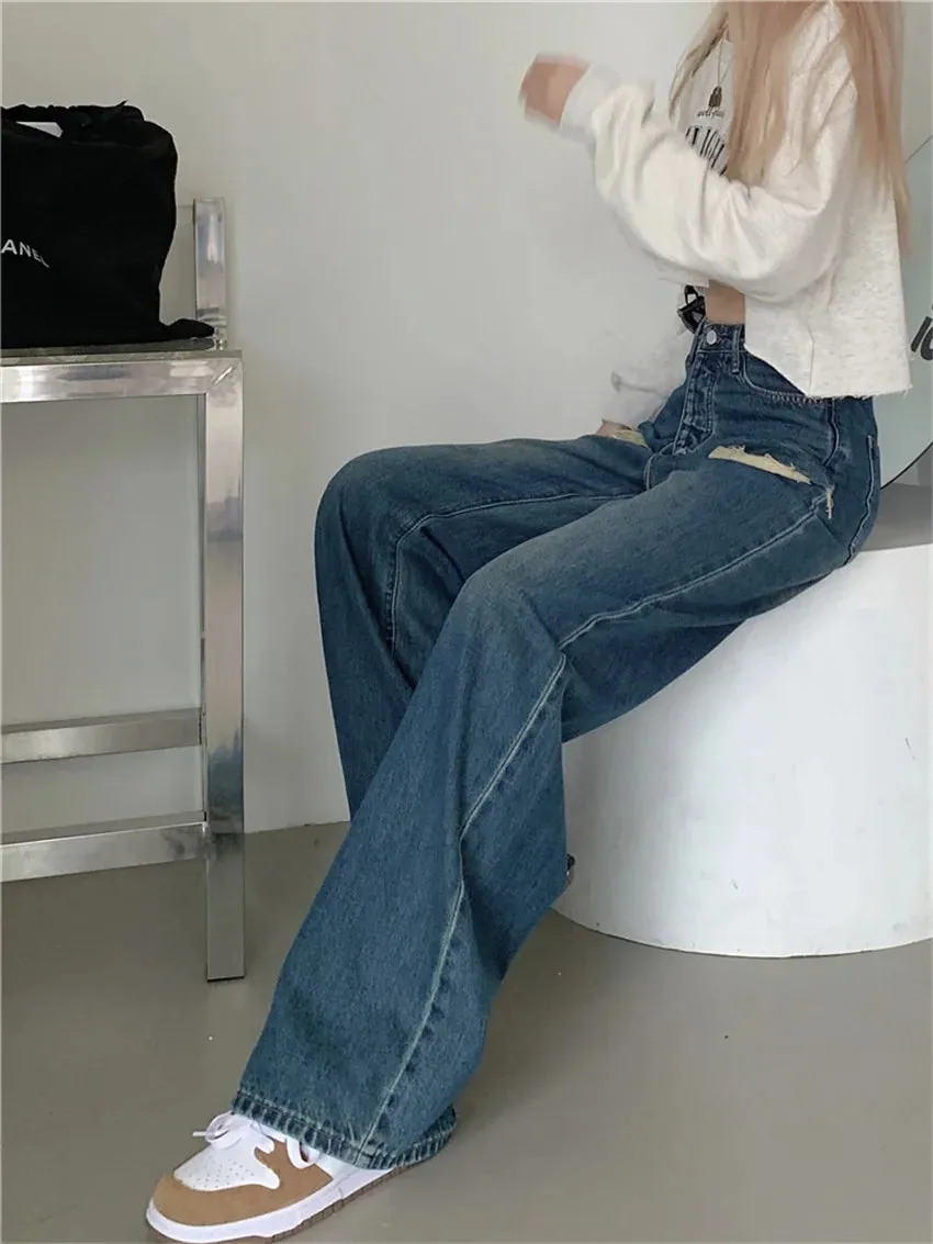 Girlary Stylish Chic High Waist Denim Pants Women High Waist Slim Wide Leg Autumn Mopping Streetwear Office Lady Jeans