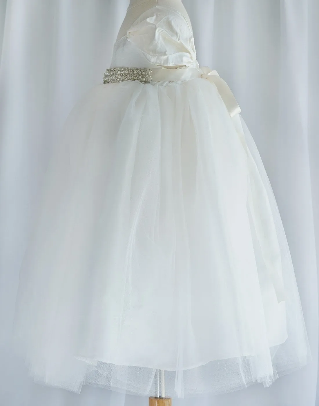 Glistening Satin Bodice and Tulle Overlay Skirt Dress With Pearl Belt - Ivory