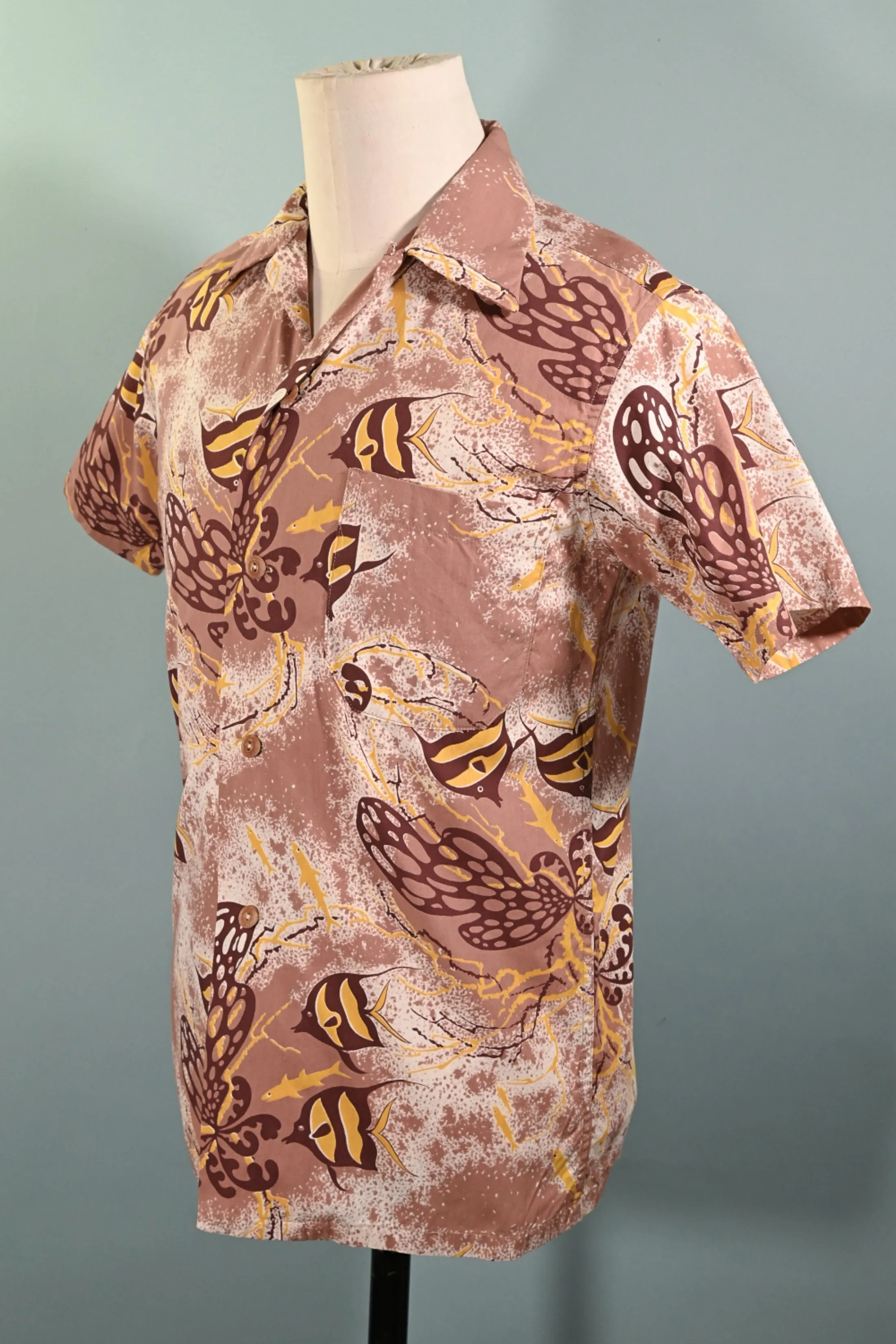 Hale Niu Vintage 50s Hawaiian Shirt, Fish Undersea Print, XS