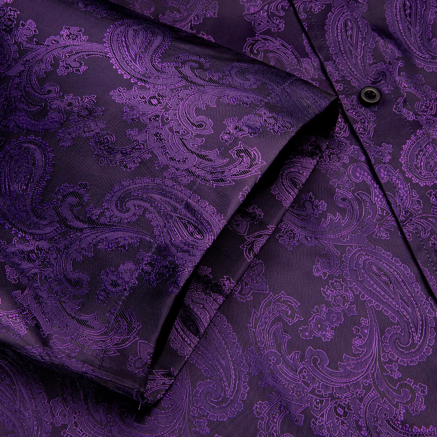 Hi-Tie Deep Purple Paisley Silk Men's Button Down Short Sleeve Shirt