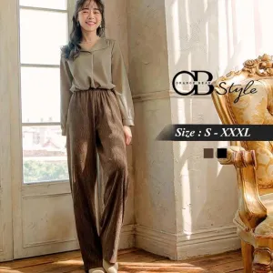 HIGH WAIST PIT STRIPE ELASTIC WAIST WIDE PANTS