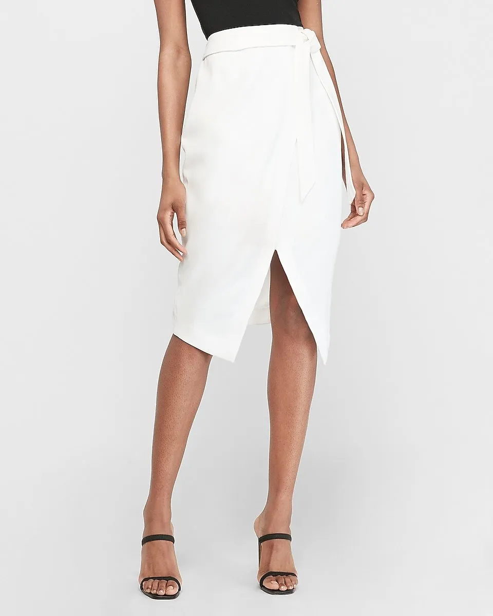 High Waisted Belted Wrap Front Pencil Skirt in White