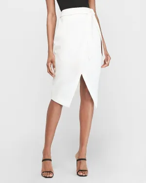 High Waisted Belted Wrap Front Pencil Skirt in White