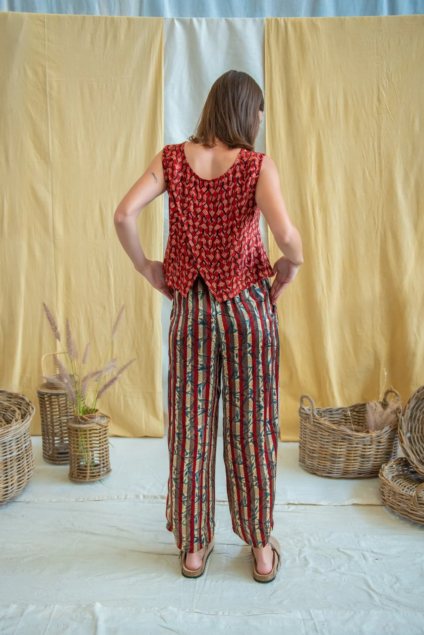 High Waisted Bottom Pants Ajrakh Silk Modal Stripe/Floral