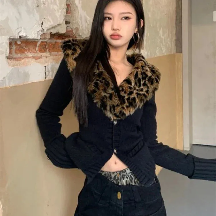 Joskaa American V-neck Leopard Print Fur Collar Cardigan Autumn Winter New Sweaters Coat Women Y2k Slim Fit Long Sleeve Tops Mujer